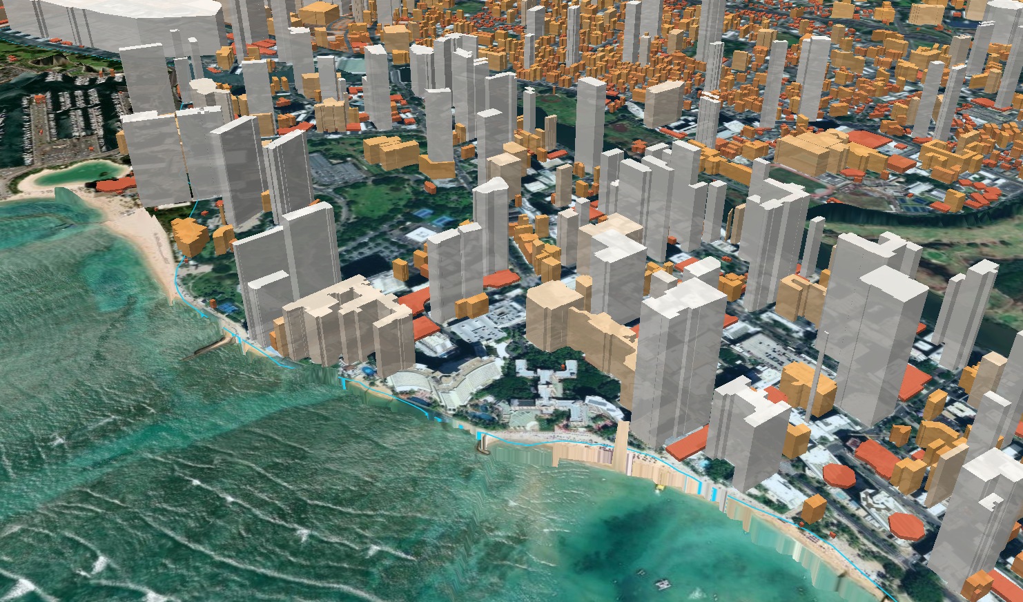 Aerial satellite view of Waikiki with parcel boundaries overlaid